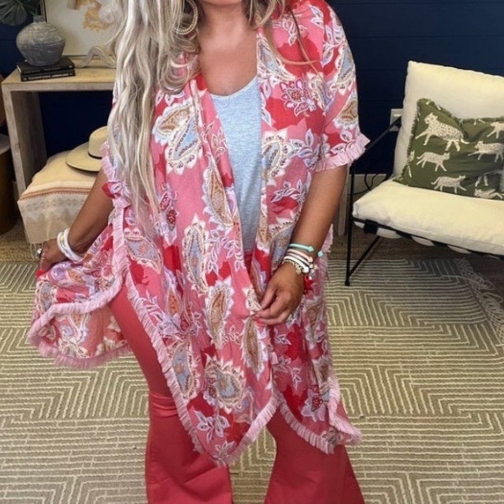 Style U Pink Fringe Open Front Boho Kimono Size S/M NWOT